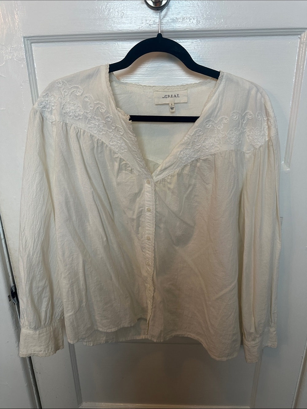 THE GREAT. Cream Embroidered V-Neck Button Front Blouse